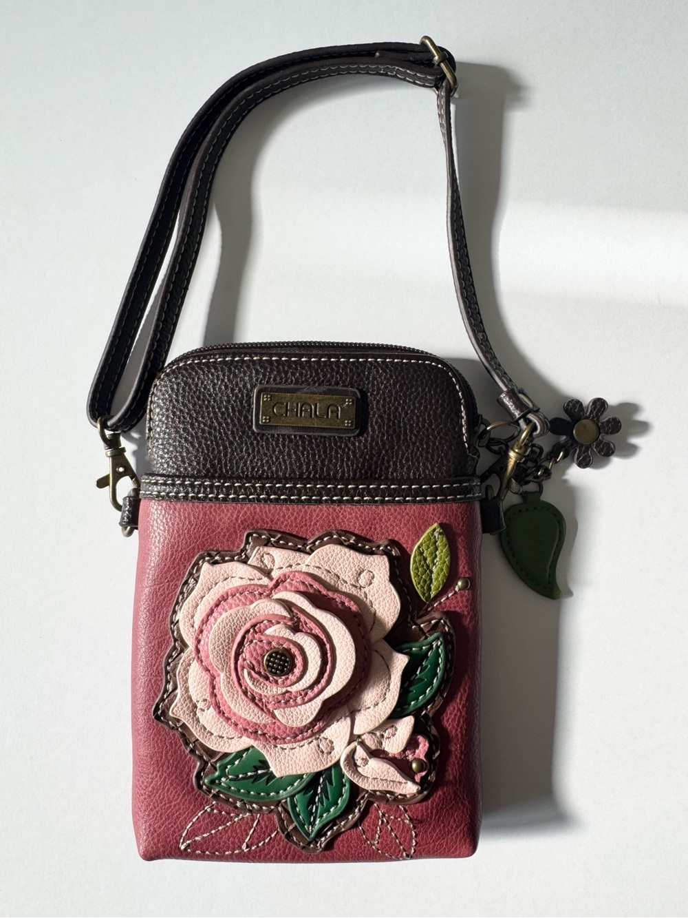 Chala Rose Applique Crossbody in Pink and Brown